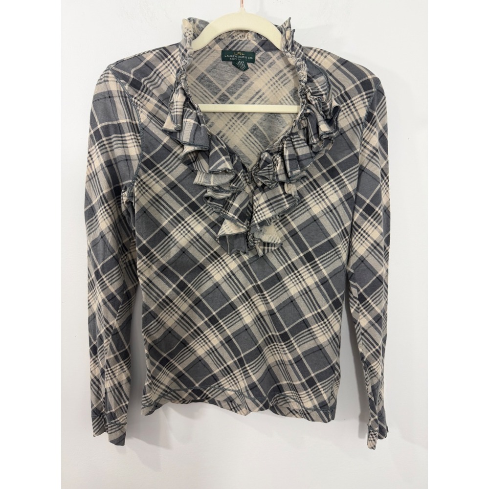 Lauren Ralph Lauren Jeans Co Grey Plaid Ruffle V-Neck Long Sleeve Top XS Cotton